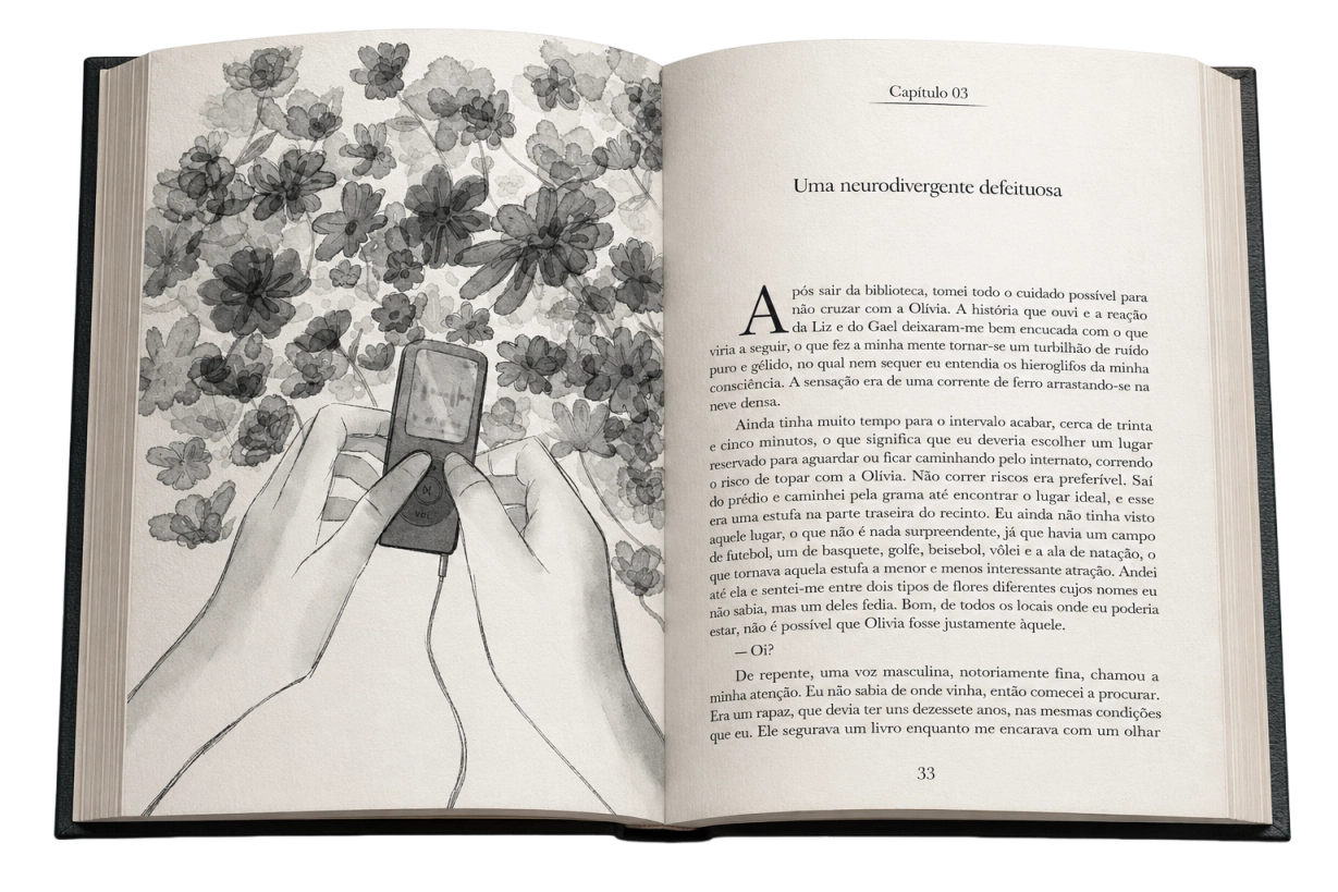 Páginas abertas do livro Destrutivos no capítulo 03, com ilustração em aquarela cinza de duas mãos segurando um tocador de música sob flores.
