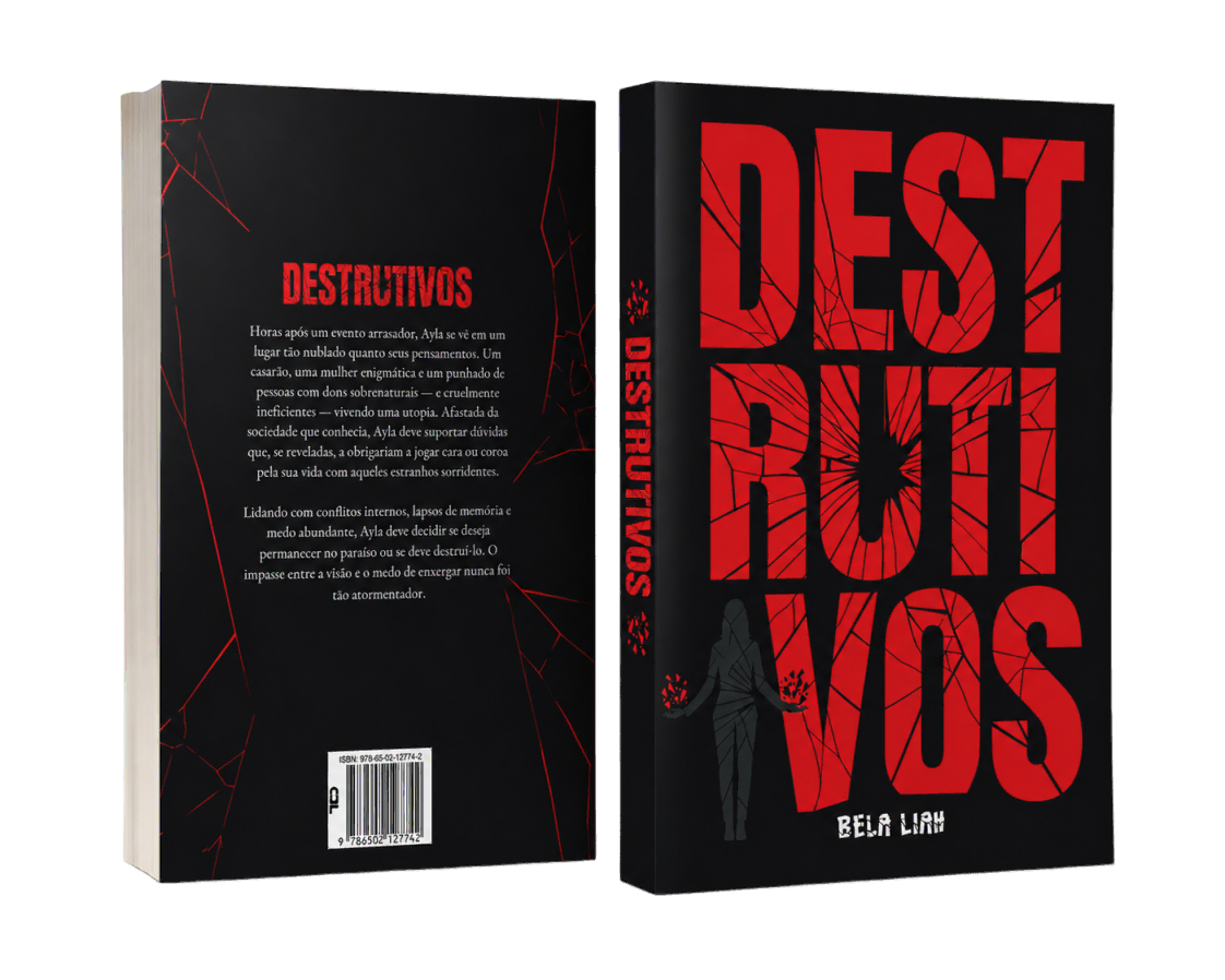 Capa e contracapa do livro Destrutivos, de Bela Liah. Na frente, o título em letras vermelhas rachadas sobre fundo preto; atrás, o texto de orelha.